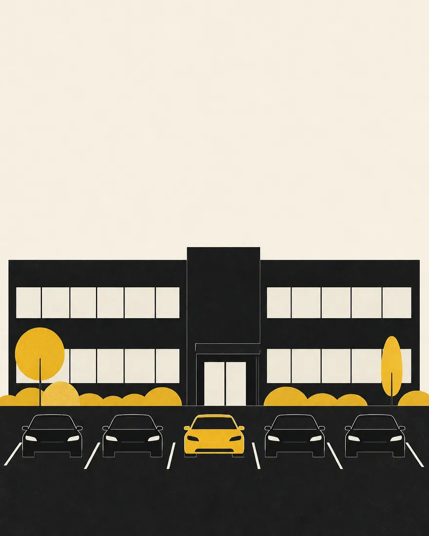 Ilustración de una concesionaria con autos estacionados