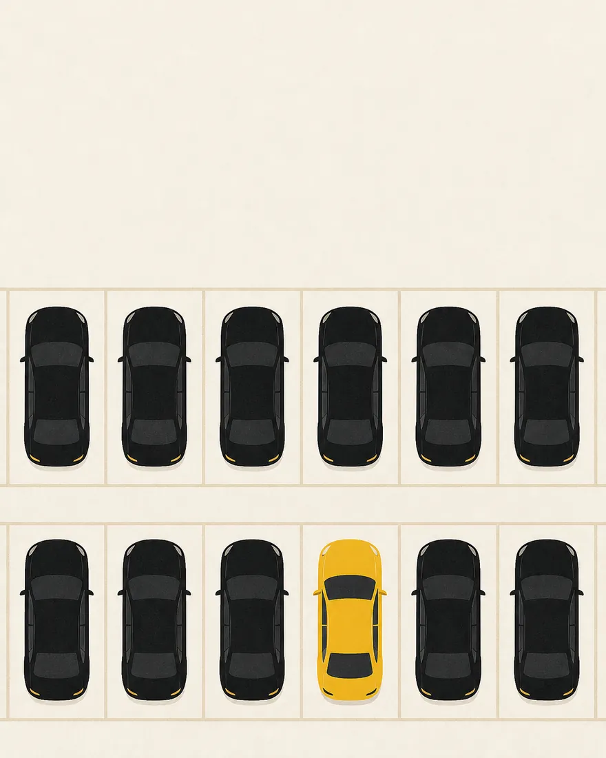 Ilustración de un estacionamiento visto desde arriba con un auto amarillo entre autos negros