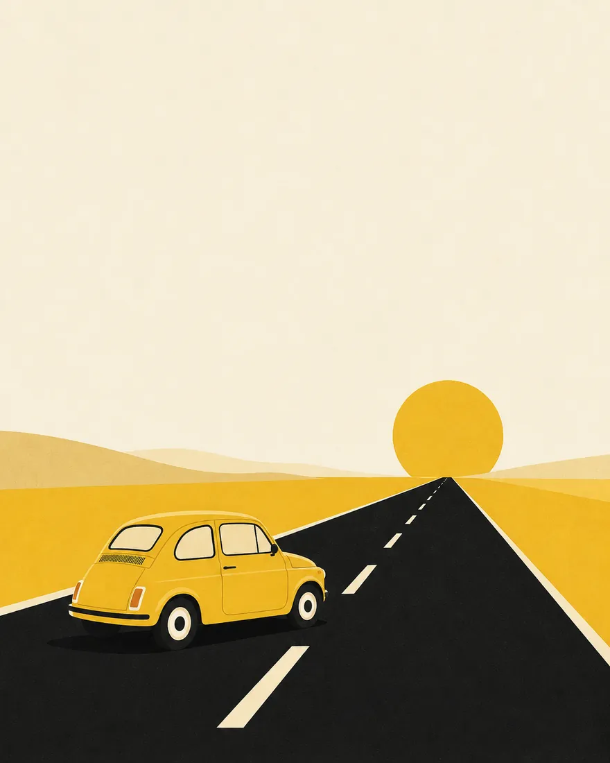 Ilustración de un auto amarillo en una ruta al atardecer