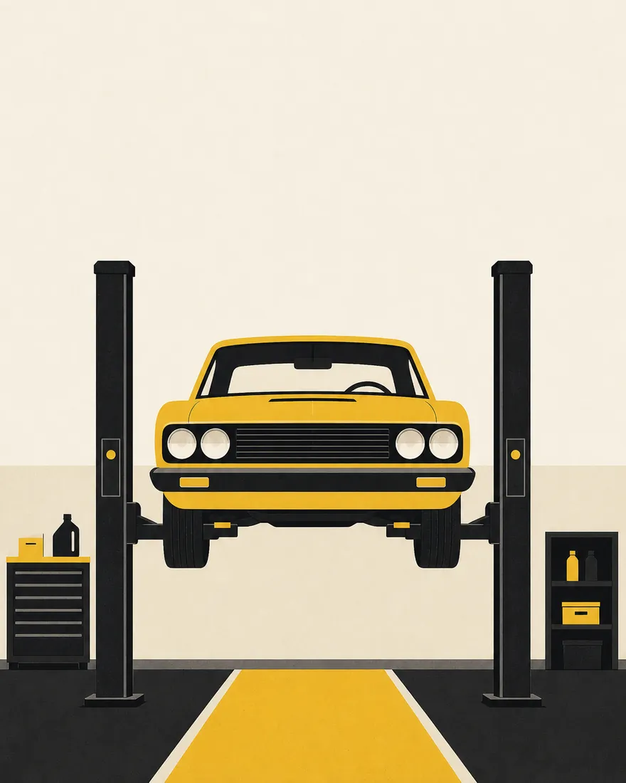 Ilustración de un auto amarillo en un elevador de taller