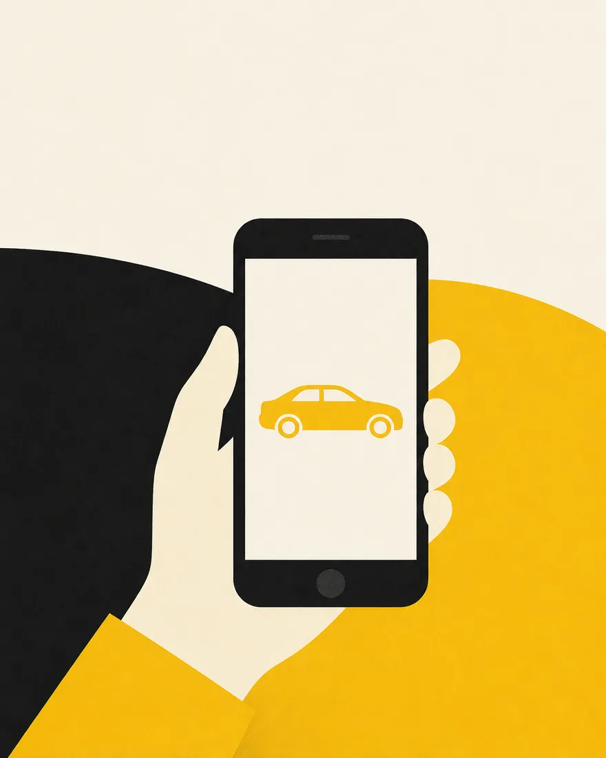 Ilustración de una mano sosteniendo un celular con un auto en pantalla