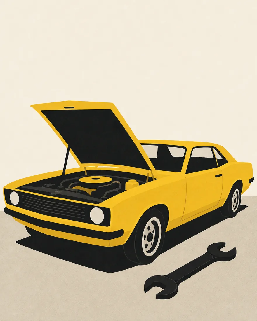 Ilustración de un auto con el capot abierto y una llave inglesa