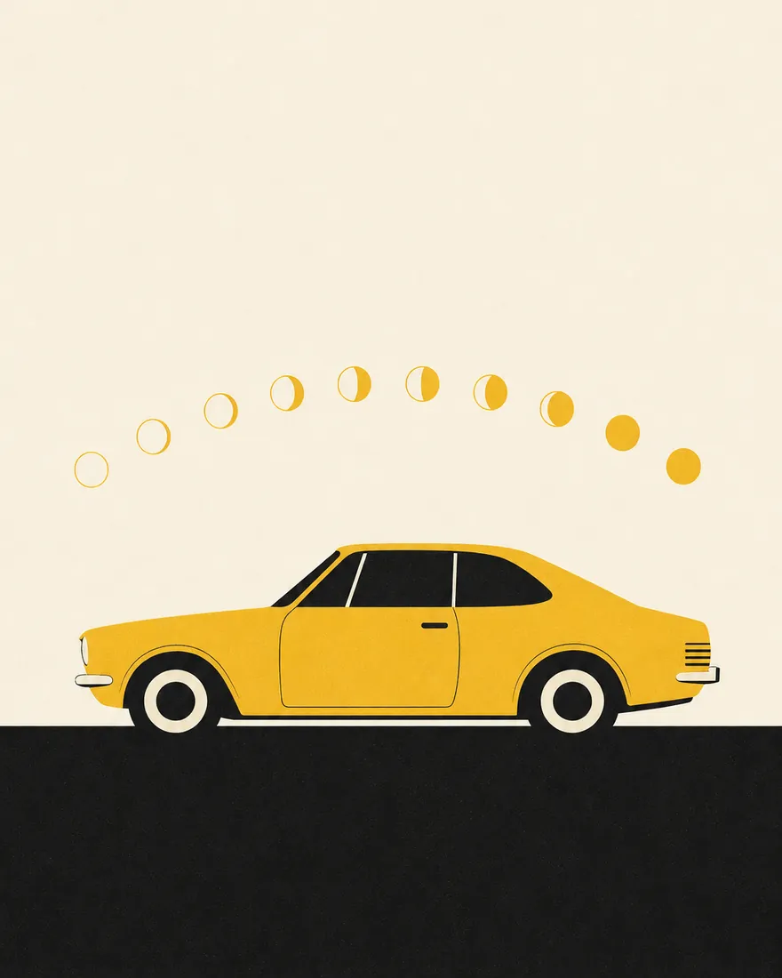 Ilustración de un auto amarillo bajo un arco de soles y lunas